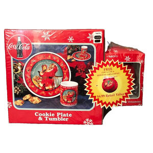 Vintage 1998 Coca Cola Santa Cookie Plate & Tumbler w/ Holiday Ornament NIB
